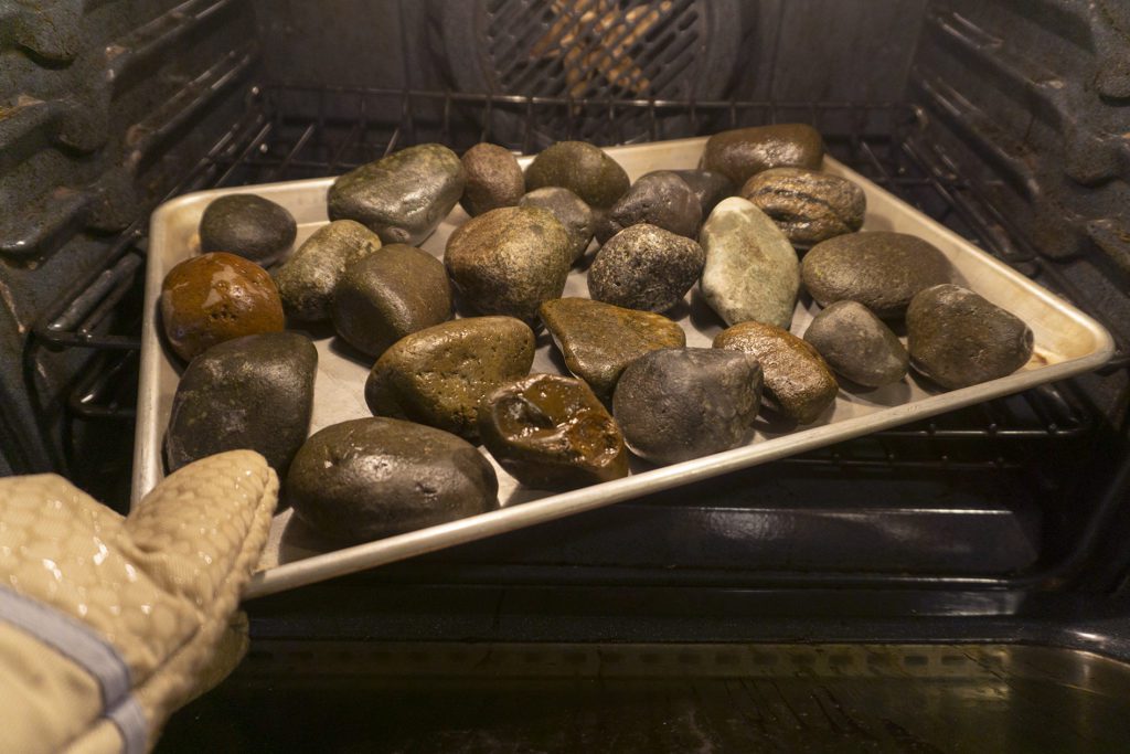 river rocks drying in the oven