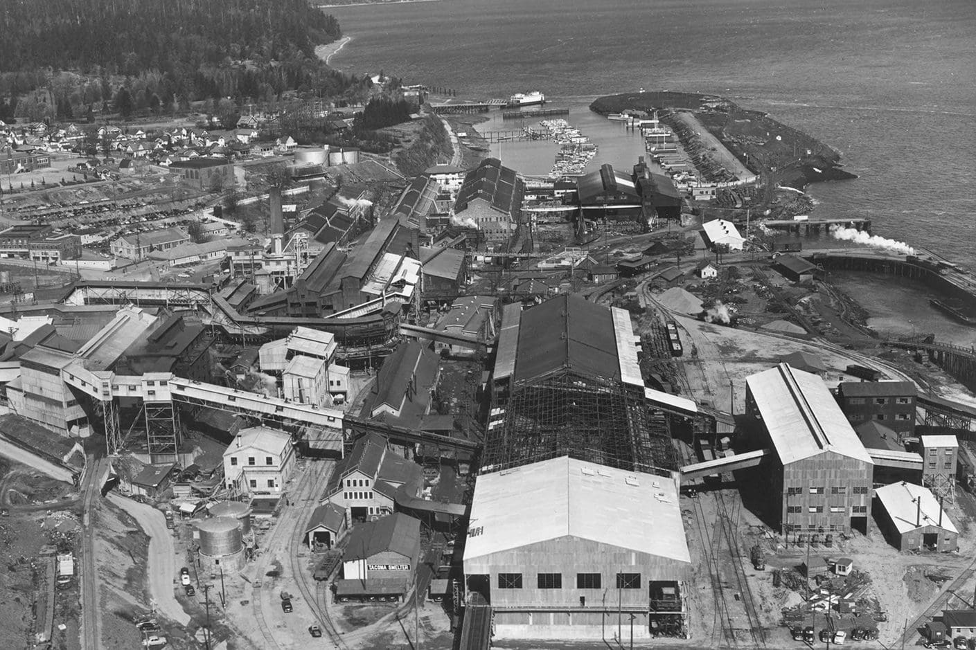 black and white photo of the many buildings that made up ASARCO in 1948