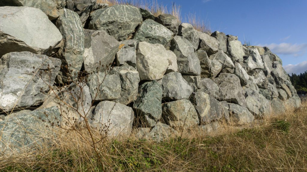rustic rock wall by wild grasses