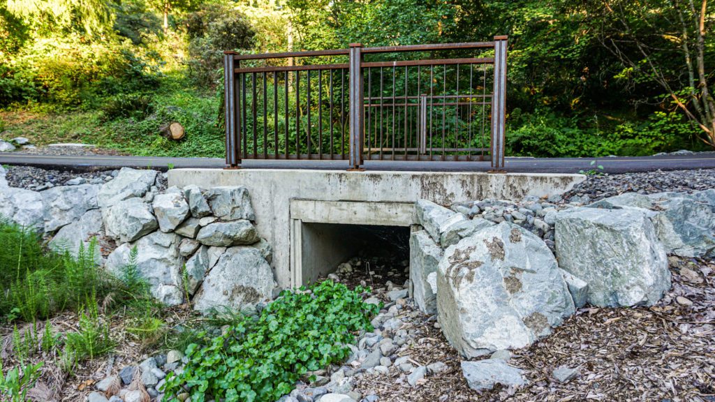 bridge with drain pipe underneath surrounded by rock