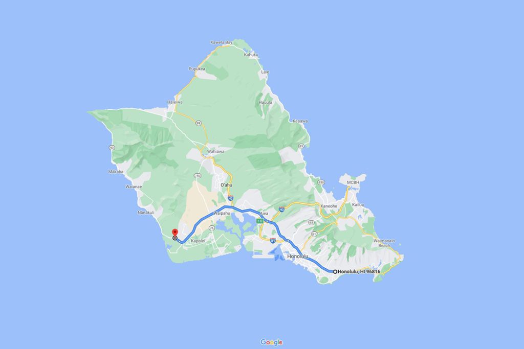 map of the island of Oahu with a blue line showing the H-1 Freeway