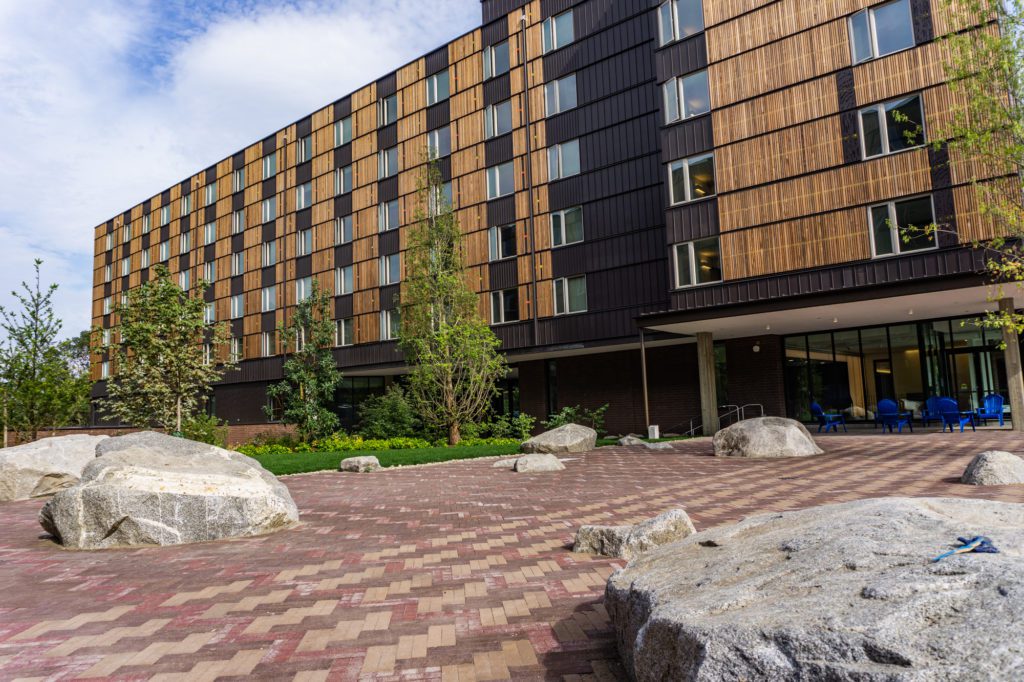 boulders incorporate into a student hall patio