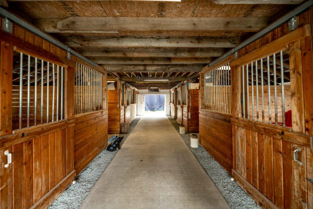 wood interior of a red barn, which features gated stalls for horses