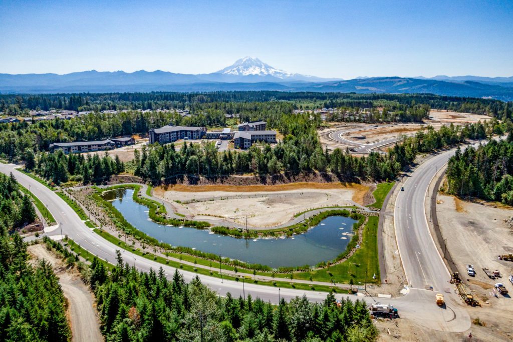 aerial view of retention pond with Mt. Rainier in the distance