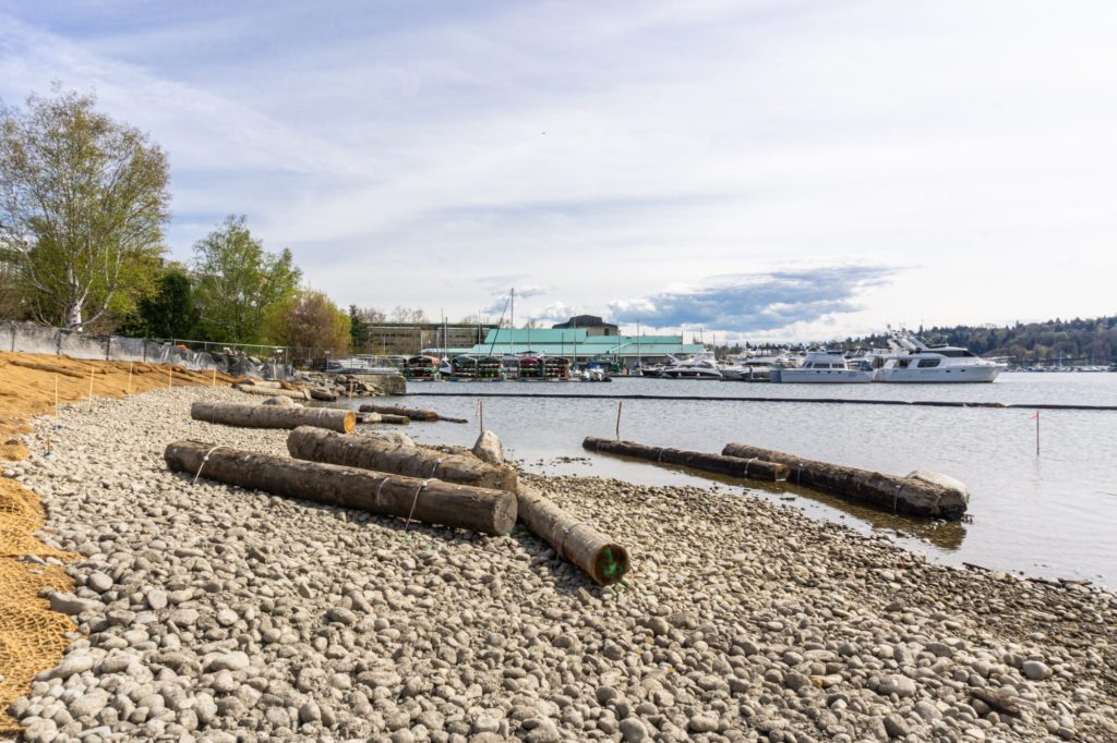 river rock and logs on a shoreline under construction