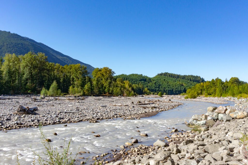 river flowing through an alpine valley