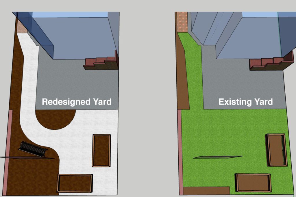 yard models showing a grassy yard that was turned into a landscaped gravel yard