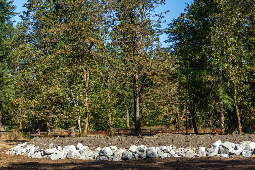 rock lining a levee walkway with trees in background