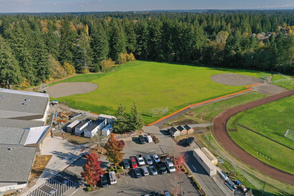aerial view of a new grass field at Komachin Middle School
