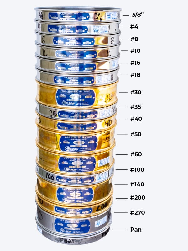 A stack of many different sieve sizes