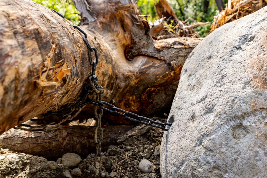 A chain emanates from a manmade hole in a streambed boulder. The end of the chain is wrapped around a log.